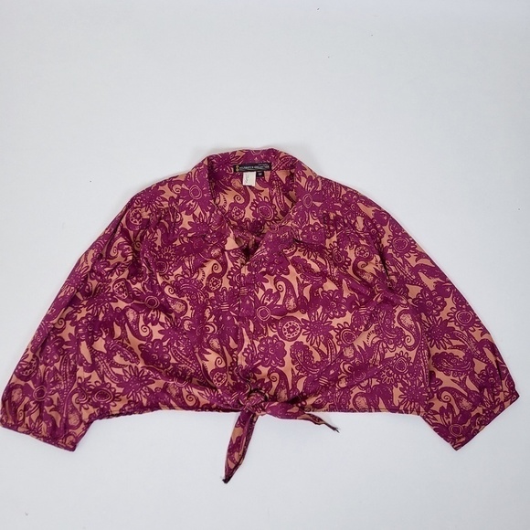 *Free With Purchase* Floral cropped blouse 3/4 sleeve peasant top crop front tie - Picture 4 of 8
